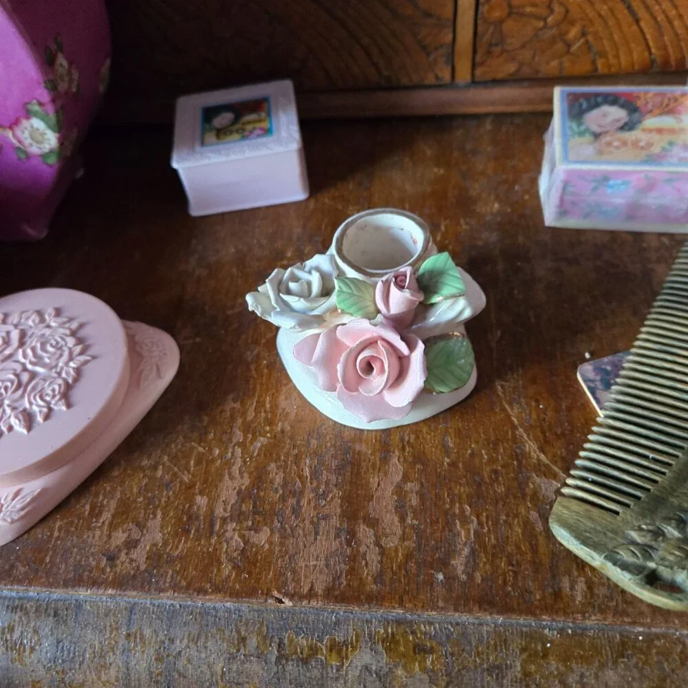 Vintage Porcelain Rose Candlestick Holder Cottagecore Romantic Victorian Style